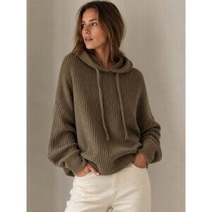 Jenni Kayne Hooded Sweater Womens L Olive Green Khaki Baby Alpaca Wool Luxury